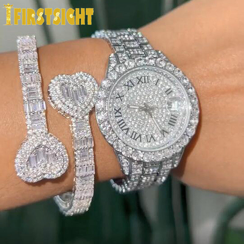New Iced Out Bling Opened Heart Zircon Charm Bracelet Baguette