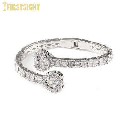 New Iced Out Bling Opened Heart Zircon Charm Bracelet Baguette