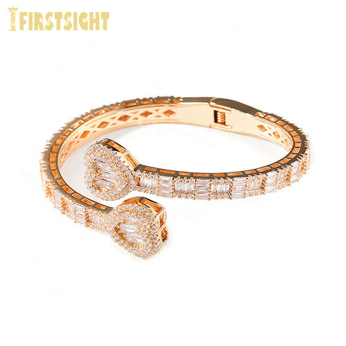 New Iced Out Bling Opened Heart Zircon Charm Bracelet Baguette