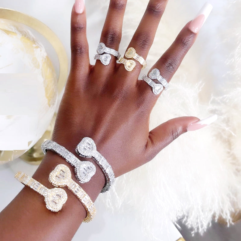 New Iced Out Bling Opened Heart Zircon Charm Bracelet Baguette