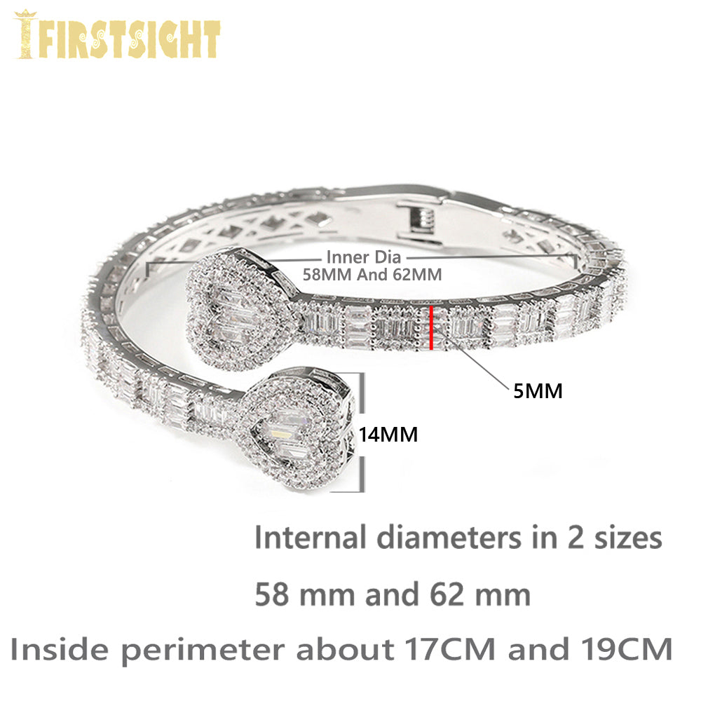 New Iced Out Bling Opened Heart Zircon Charm Bracelet Baguette