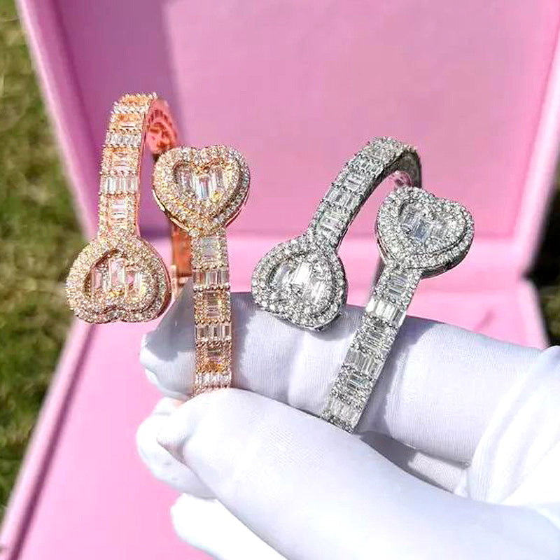 New Iced Out Bling Opened Heart Zircon Charm Bracelet Baguette