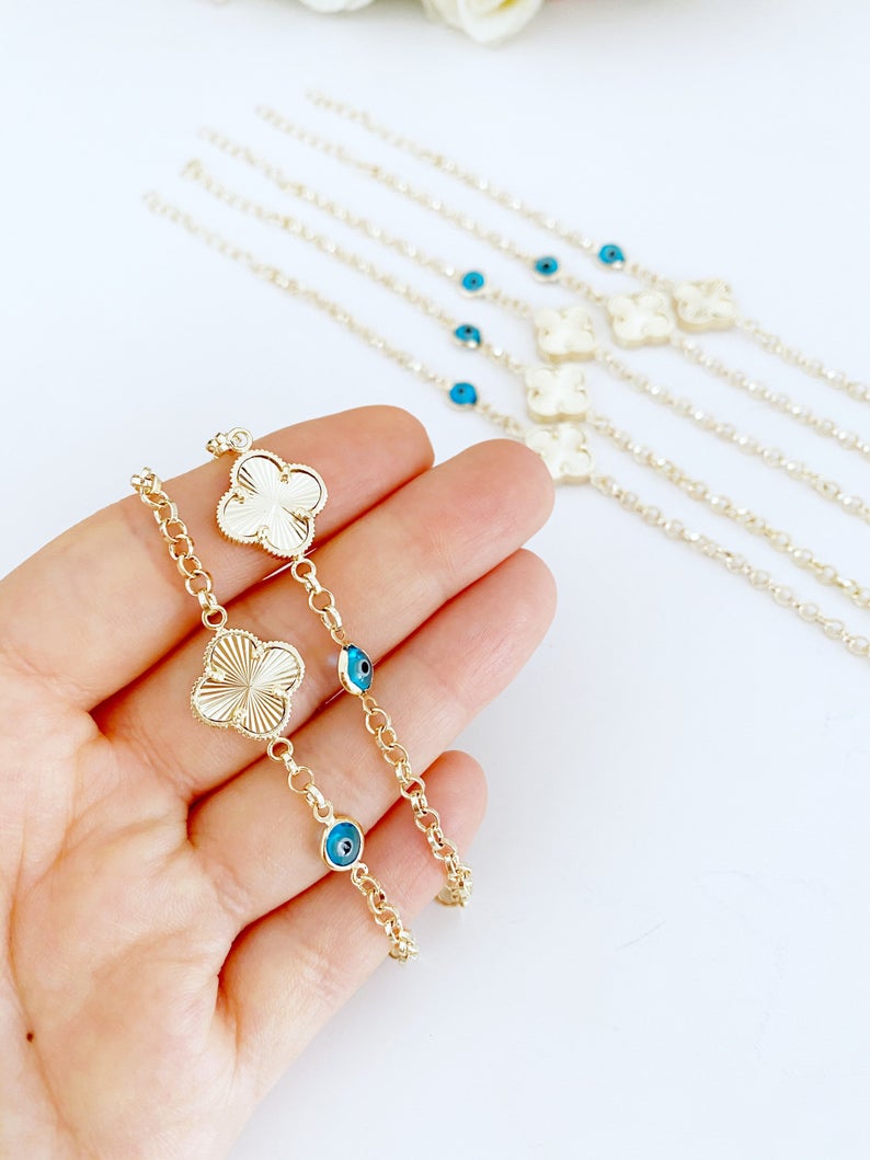 Gold Clover Bracelet, Blue Evil Eye Bead, Lucky Clover Charm, Good