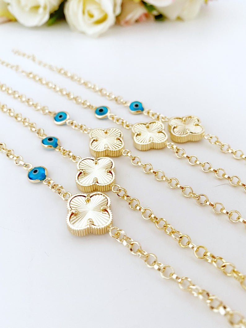 Gold Clover Bracelet, Blue Evil Eye Bead, Lucky Clover Charm, Good