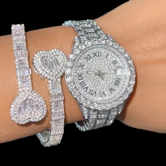 New Iced Out Bling Opened Heart Zircon Charm Bracelet Baguette