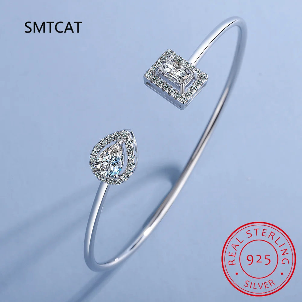 Radiant Cut Moissanite Diamond Water Drop Bangle for Women Wedding Bracelet 925 Sterling Silver Adjustable Open Bangle Jewelry