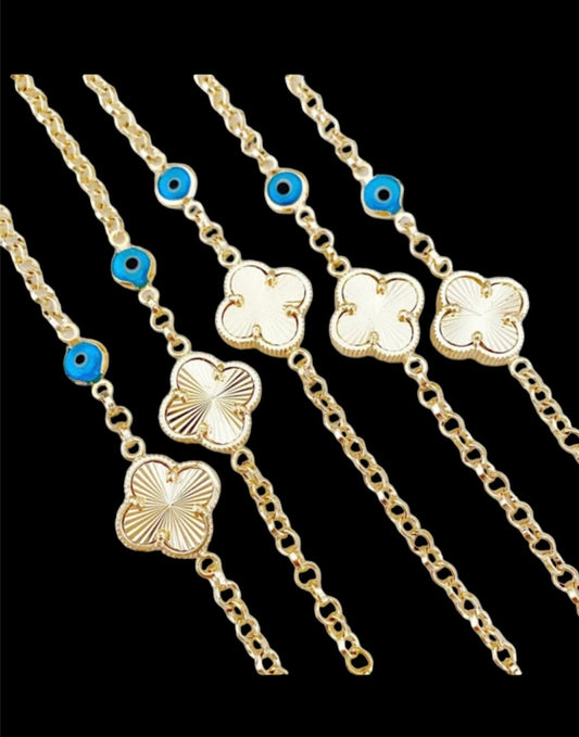 Gold Clover Bracelet, Blue Evil Eye Bead, Lucky Clover Charm, Good