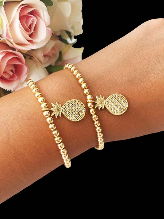 Pineapple Charm bracelet, Gold Beaded Bracelet, Summer Jewelry