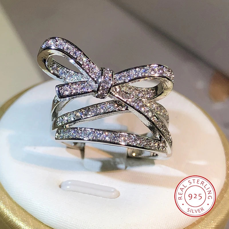 925 Sterling Silver Classic Rope Knot Bow AAAA Cubic Zirconia Ring Fine High-end Jewelry Moissanite Ring