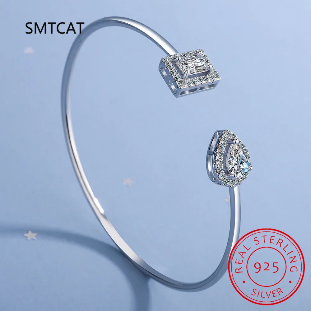 Radiant Cut Moissanite Diamond Water Drop Bangle for Women Wedding Bracelet 925 Sterling Silver Adjustable Open Bangle Jewelry