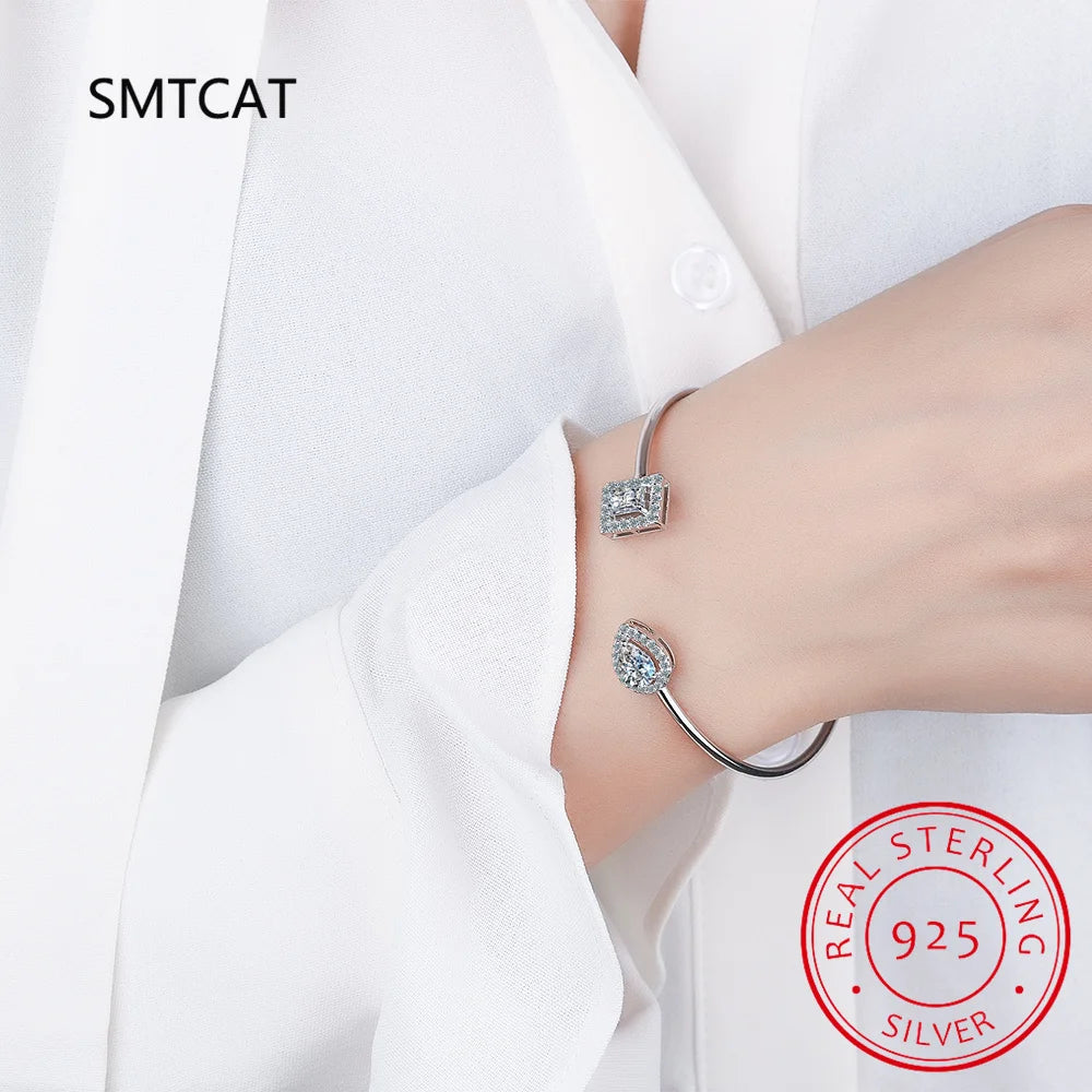 Radiant Cut Moissanite Diamond Water Drop Bangle for Women Wedding Bracelet 925 Sterling Silver Adjustable Open Bangle Jewelry