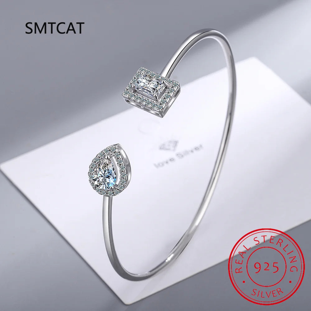 Radiant Cut Moissanite Diamond Water Drop Bangle for Women Wedding Bracelet 925 Sterling Silver Adjustable Open Bangle Jewelry