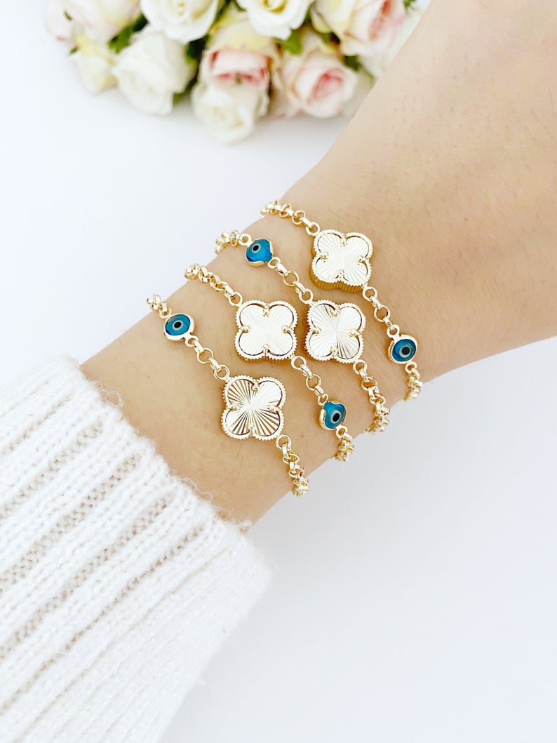 Gold Clover Bracelet, Blue Evil Eye Bead, Lucky Clover Charm, Good